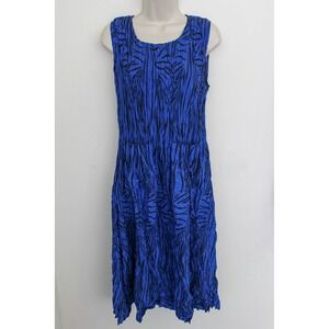 Alquema Dress Size 2 Blue Black Smash Crinkle Front Pockets Midi Sleeveless